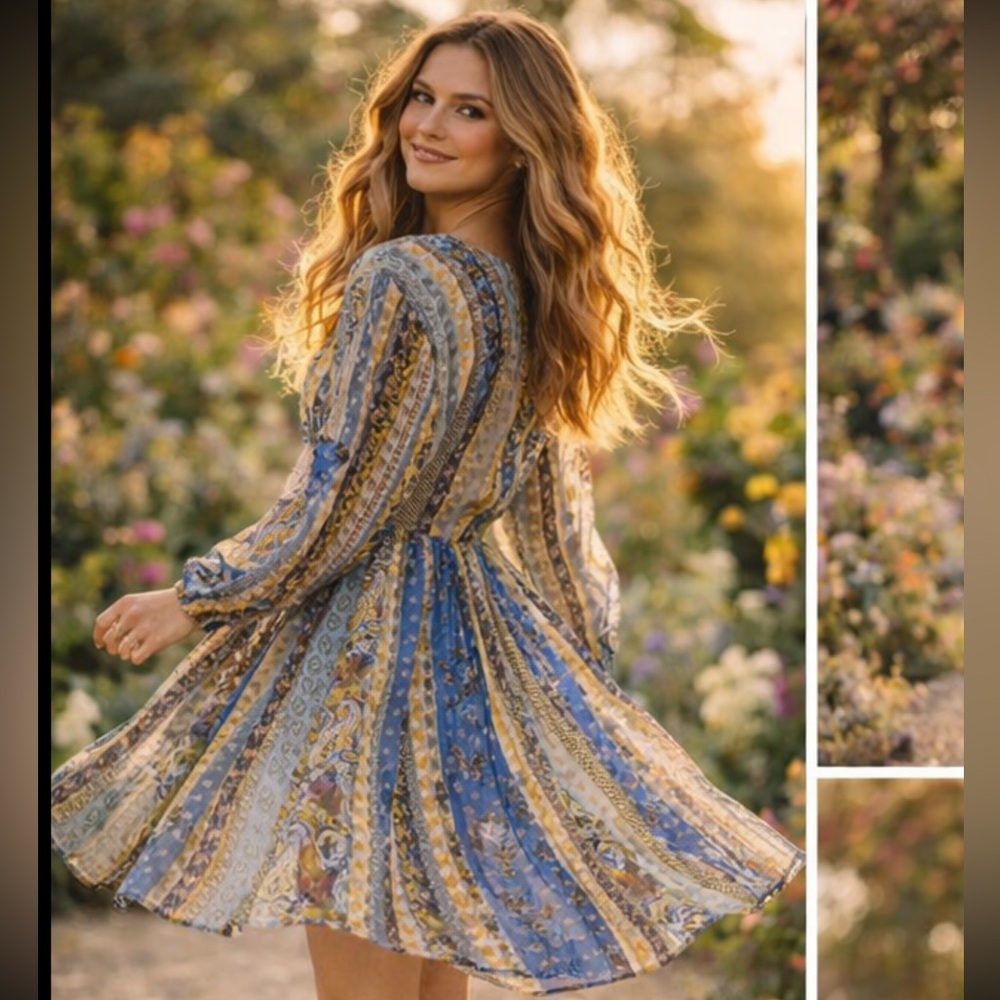 🆕 Easel LONG SLEEVE SURPLICE ELASTIC WAIST MULTI PRINT MINI DRESS